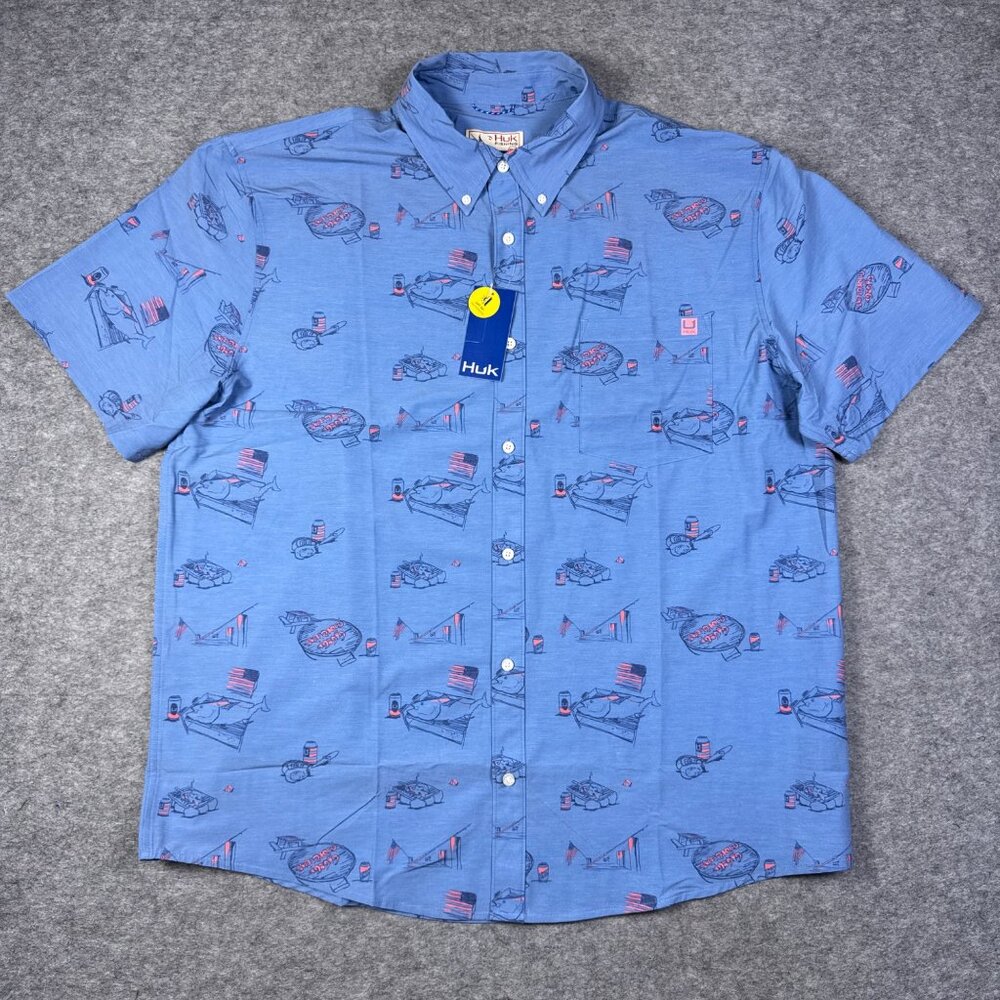 Huk Shirt Mens XXL Blue Fishing Americana American Flag Kona Short Sleeve NWT